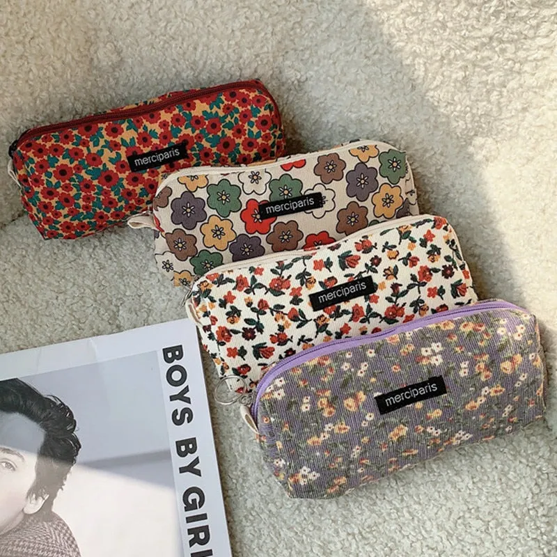 Corduroy Floral Travel Cosmetic Lipstick Purse Storage Bag Kawaii Pencil Case Bags