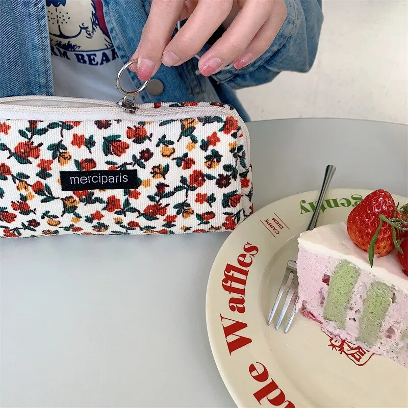 Corduroy Floral Travel Cosmetic Lipstick Purse Storage Bag Kawaii Pencil Case Bags