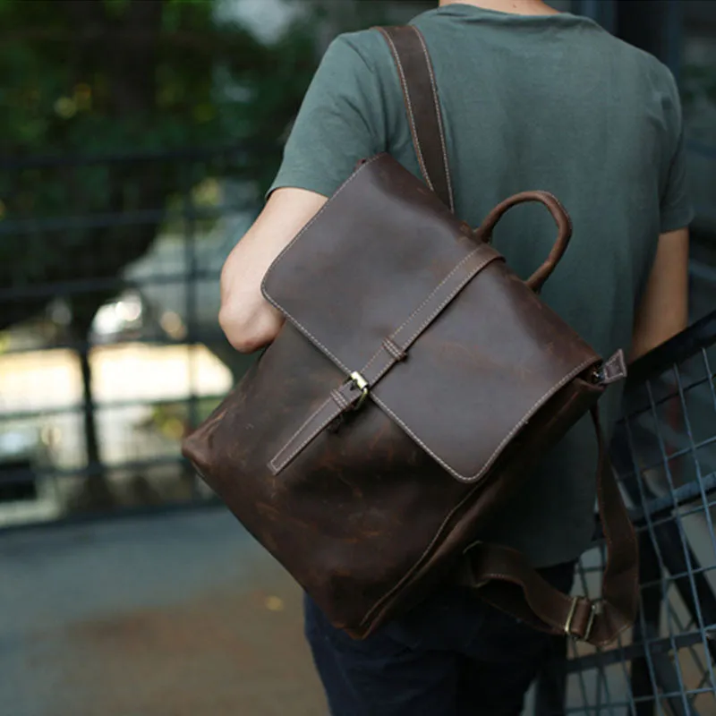 Crazy Horse Leather Laptop Backpack Handmade Travel Backpack Men Backpack