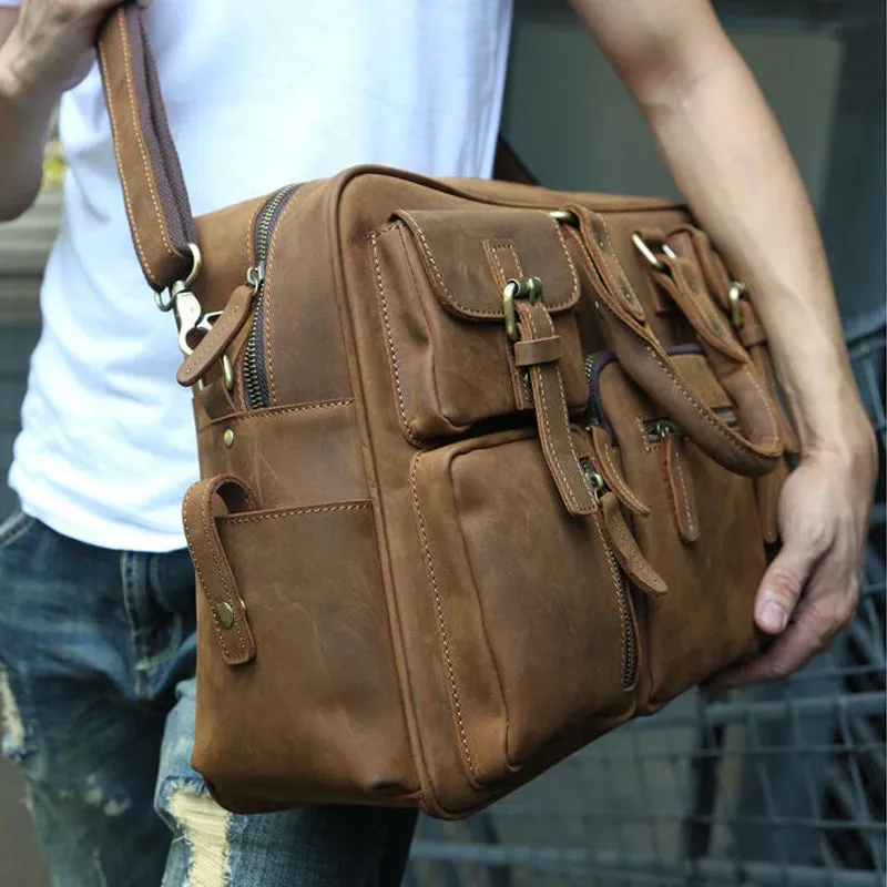 Crazy Horse Leather Shoulder Bag Retro Tote Bag Large Capacity Messenger Bag