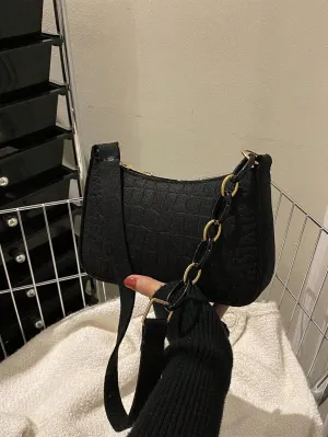 Crocodile Pattern Minimalist Shoulder Bag with Metal Chain - Black