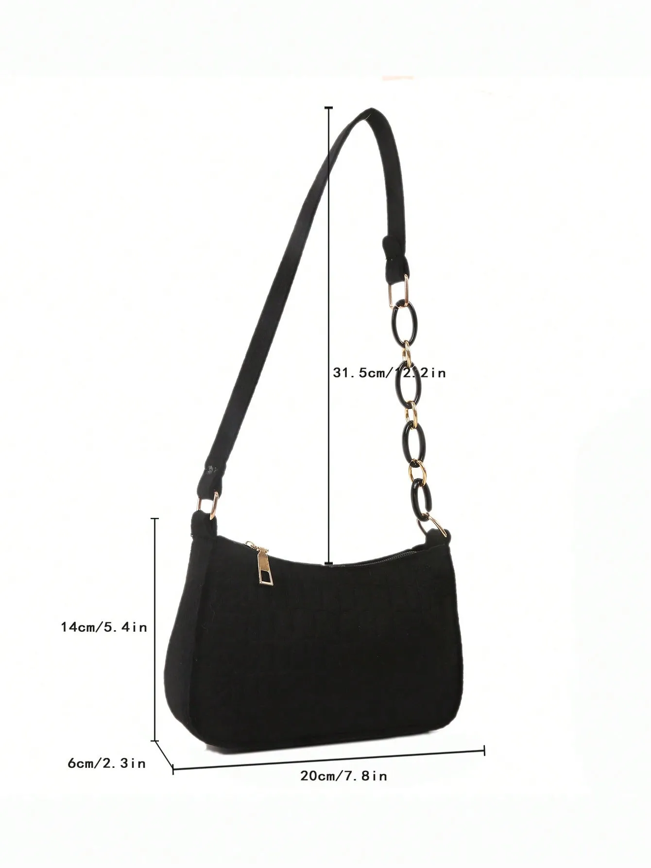 Crocodile Pattern Minimalist Shoulder Bag with Metal Chain - Black