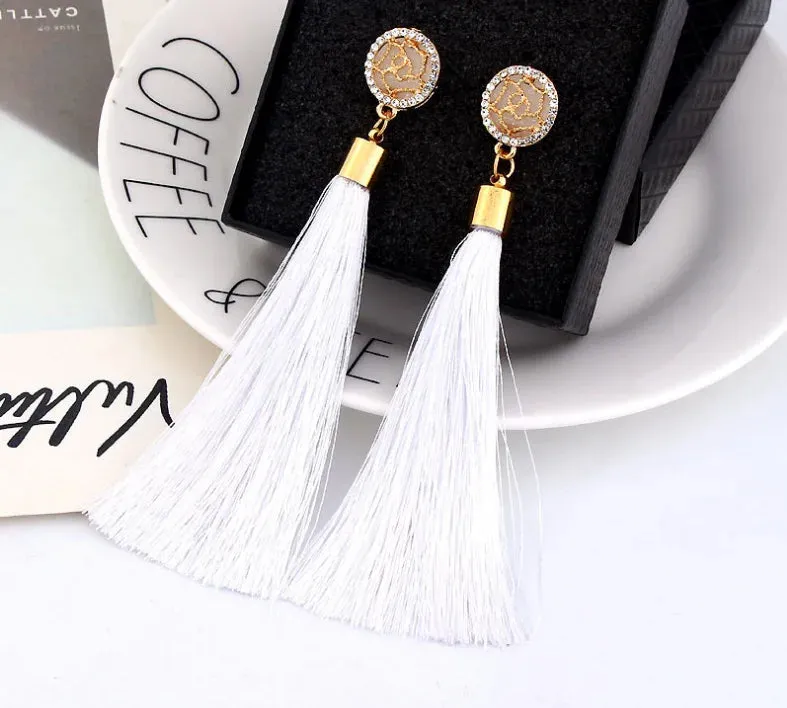 Crystal Rice Character Long Tassel Earrings Boho