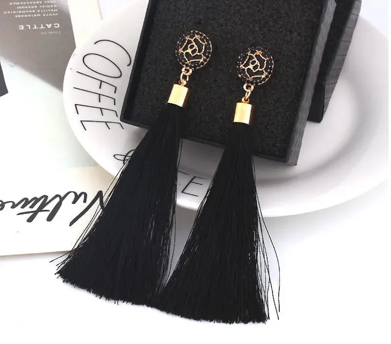 Crystal Rice Character Long Tassel Earrings Boho