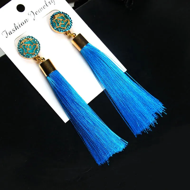 Crystal Rice Character Long Tassel Earrings Boho