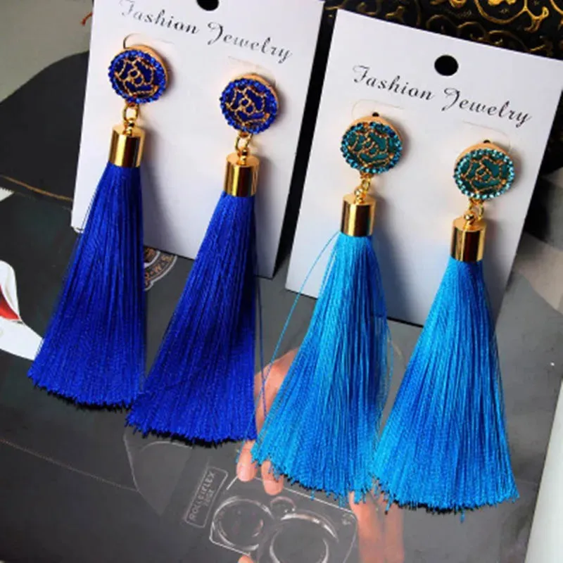 Crystal Rice Character Long Tassel Earrings Boho