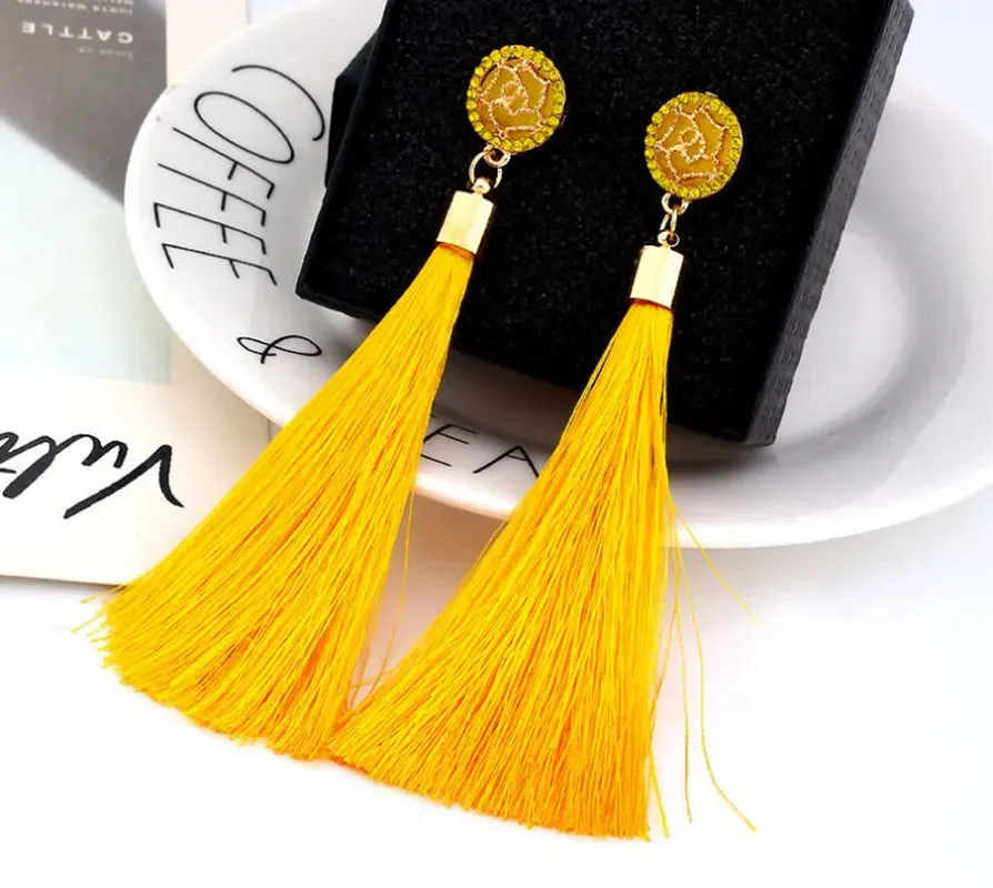 Crystal Rice Character Long Tassel Earrings Boho