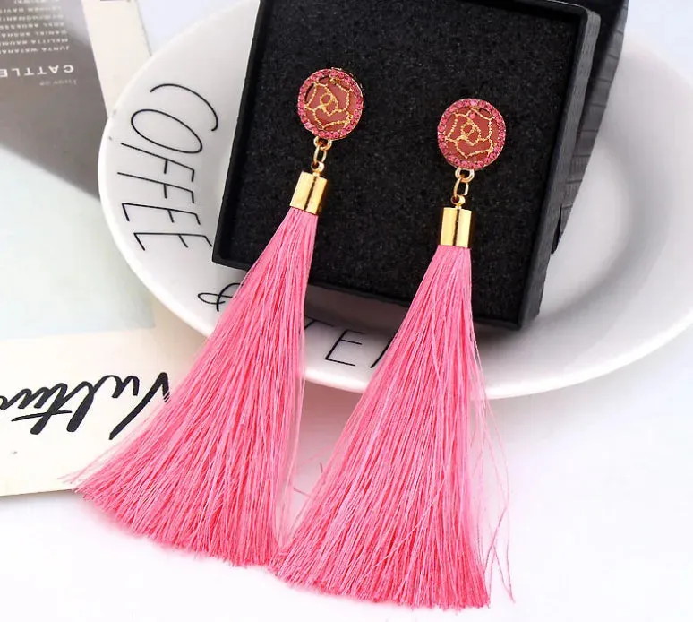 Crystal Rice Character Long Tassel Earrings Boho