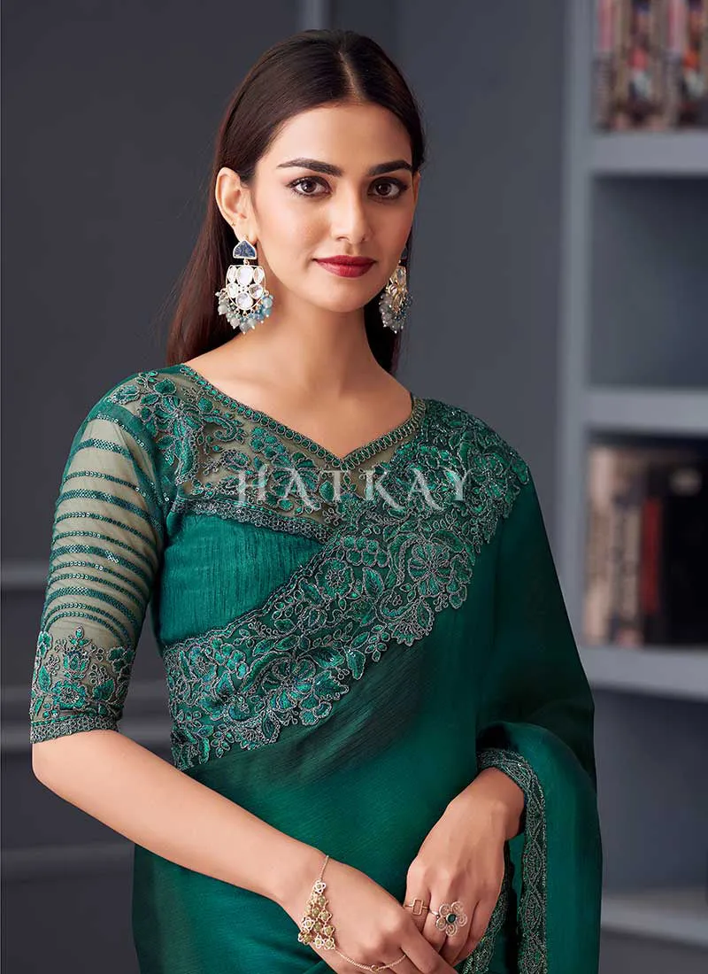 Dark Green Embroidery Designer Saree