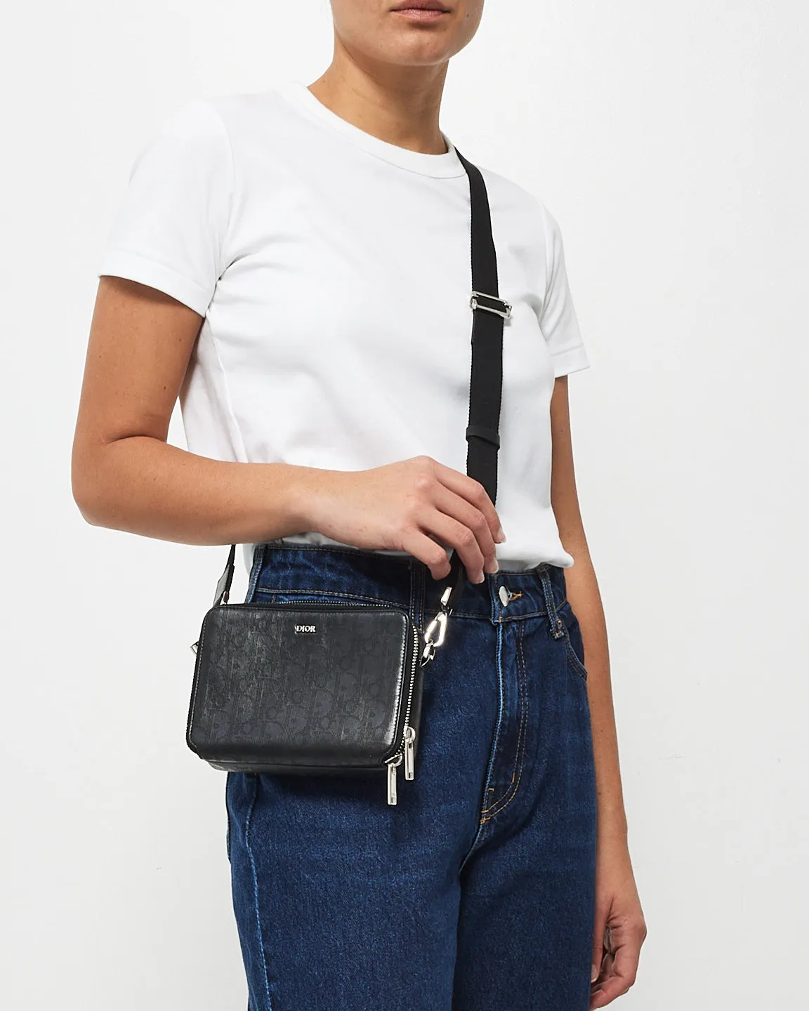 Dior Black Calfskin Perforated Oblique Galaxy Messenger Pouch Crossbody