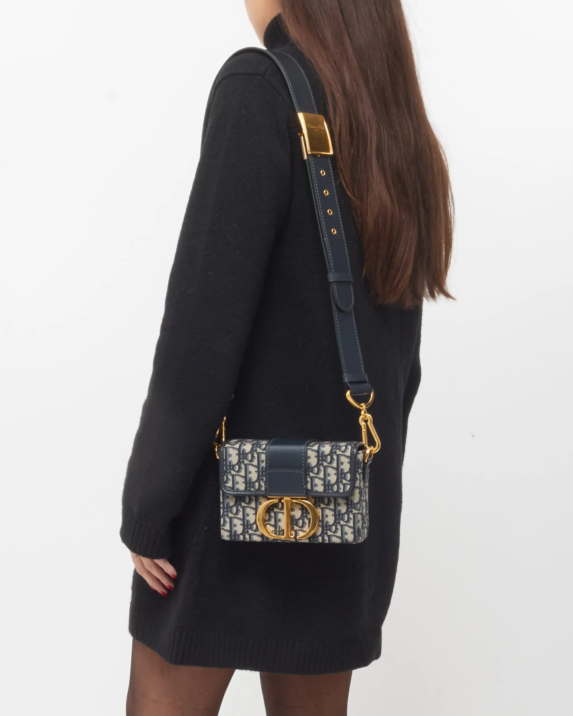 Dior Navy Blue Oblique Canvas Trotter 30 Montaigne Crossbody Box Bag