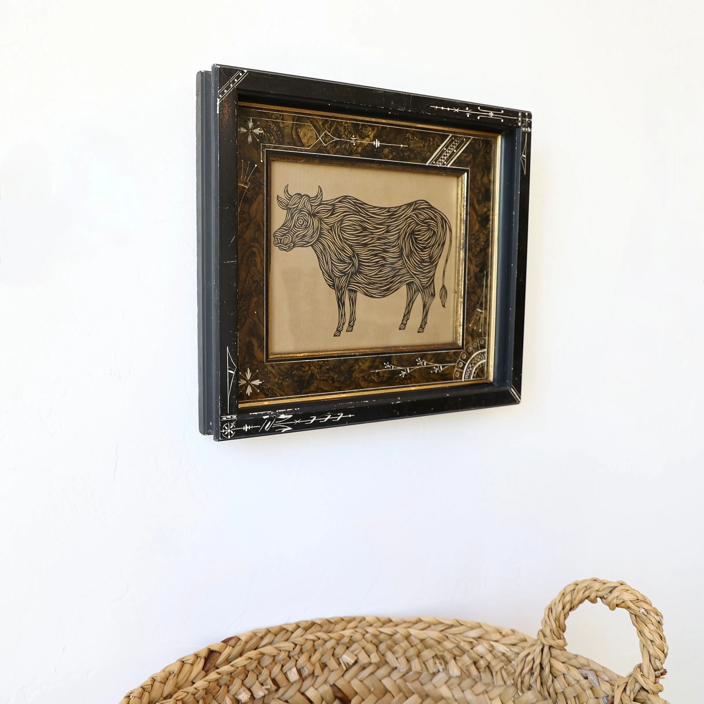 Don Carney Pen and Ink Drawing in Vintage Frame - "Bashful Bull"