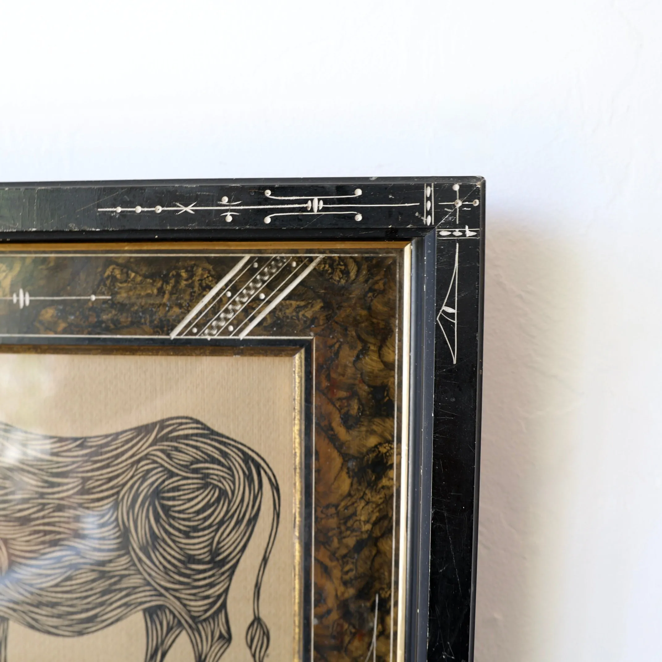 Don Carney Pen and Ink Drawing in Vintage Frame - "Bashful Bull"