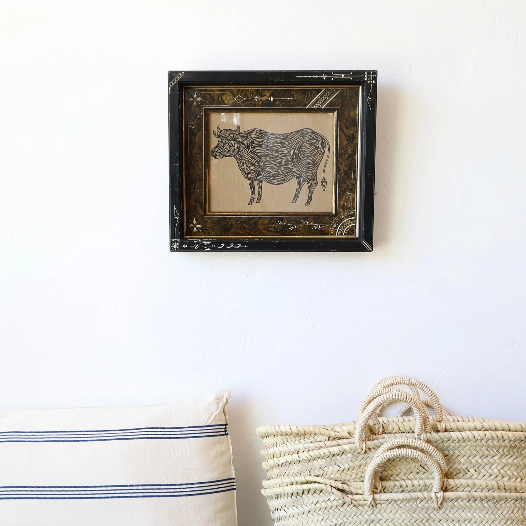 Don Carney Pen and Ink Drawing in Vintage Frame - "Bashful Bull"