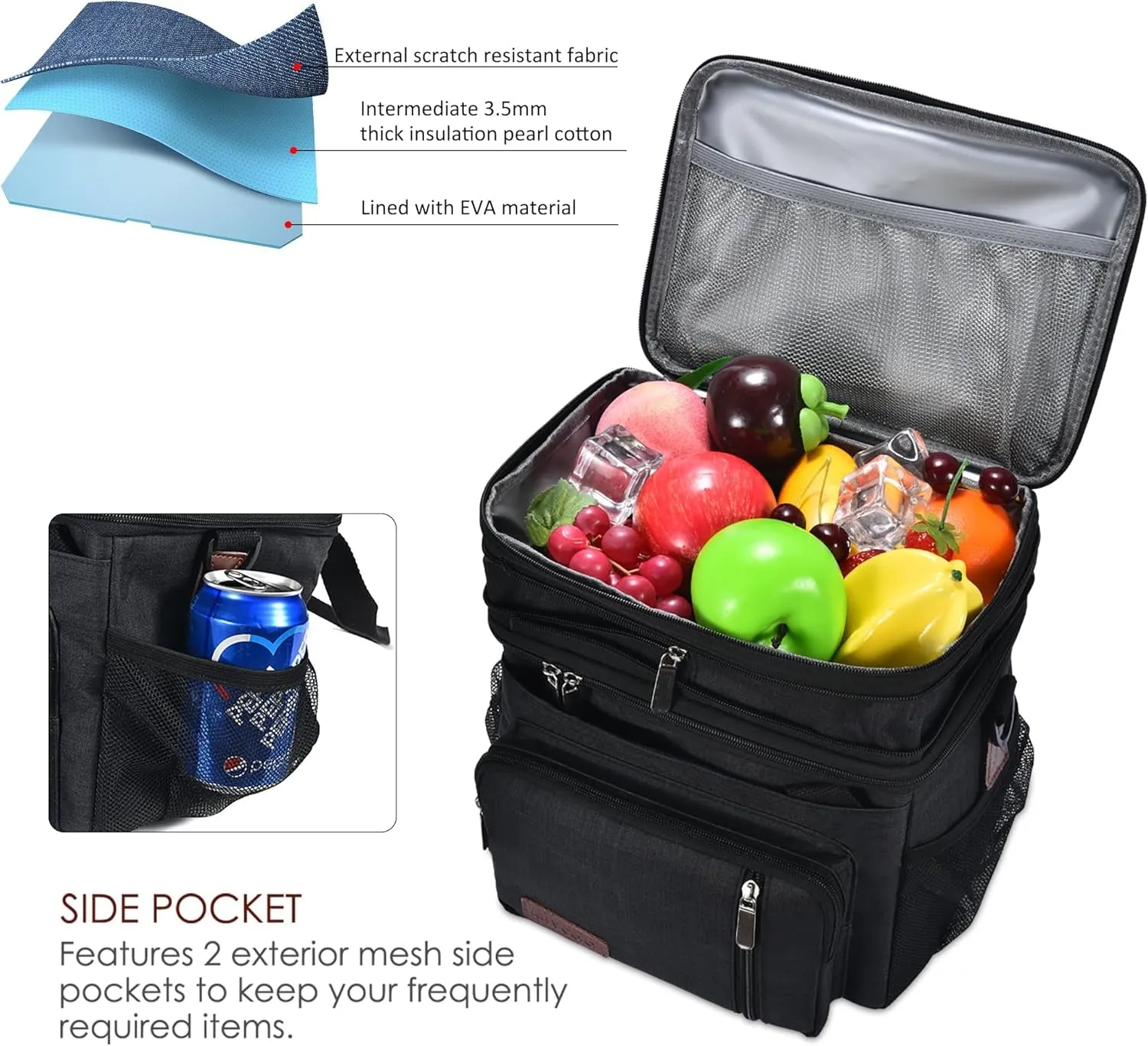 Double Deck Lunch Bag & Lunch Box, Leakproof Insulated  Lunch Cooler Bag for Work 15L