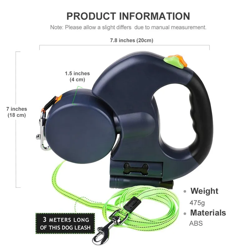 Double Dog Leash with Two 3 Meters Long Cords- Retractable Pet Leash for Walking 2 Dogs Up to 50Lbs Each with Poop Bag Dispenser