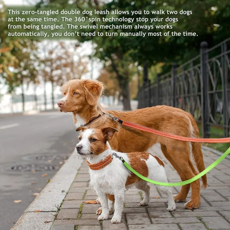 Double Dog Leash with Two 3 Meters Long Cords- Retractable Pet Leash for Walking 2 Dogs Up to 50Lbs Each with Poop Bag Dispenser