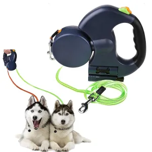 Double Dog Leash with Two 3 Meters Long Cords- Retractable Pet Leash for Walking 2 Dogs Up to 50Lbs Each with Poop Bag Dispenser