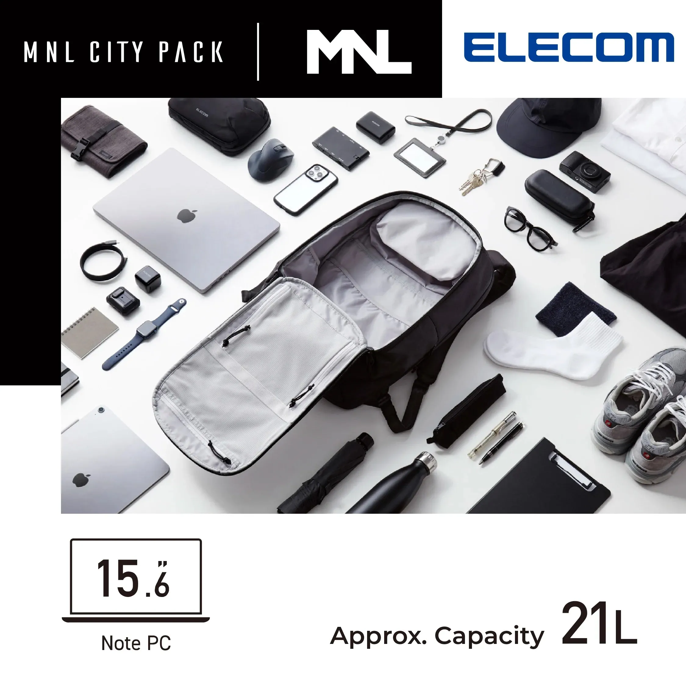 ELECOM MNL CITY Backpack/Laptop Bag/BM-MNLBP01BK/20L /Water Repellent/Large Capacity/Minimalist