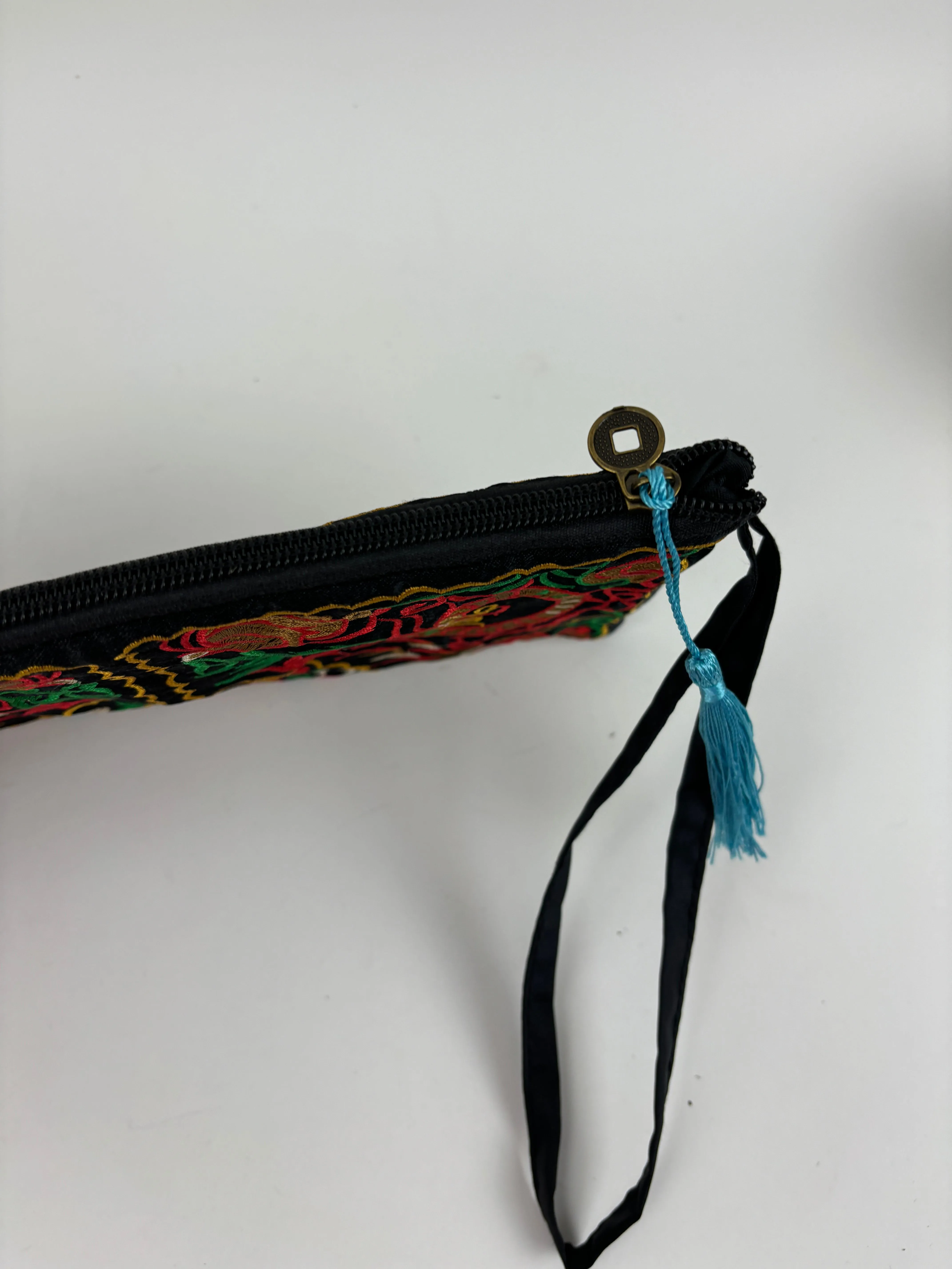 Embroidered Black Zippered Clutch with Tassel
