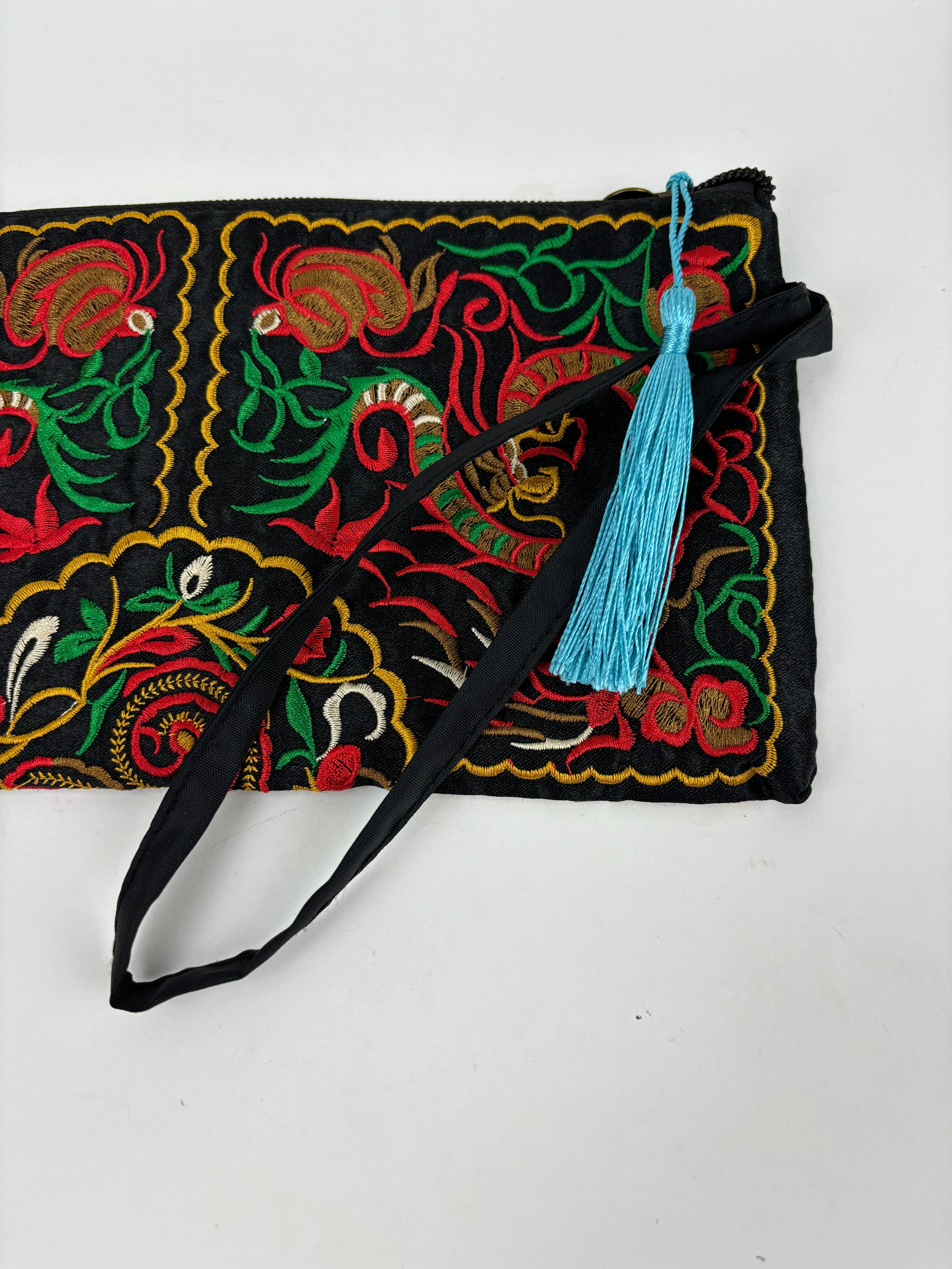 Embroidered Black Zippered Clutch with Tassel