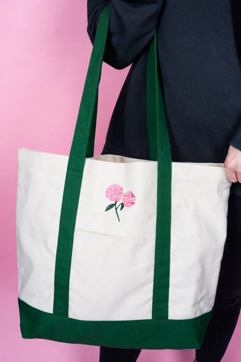 Embroidered Hydrangea Canvas Boat Tote