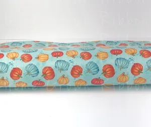 Fall Pumpkins on Light Blue Syntheic Leather Sheets USDR