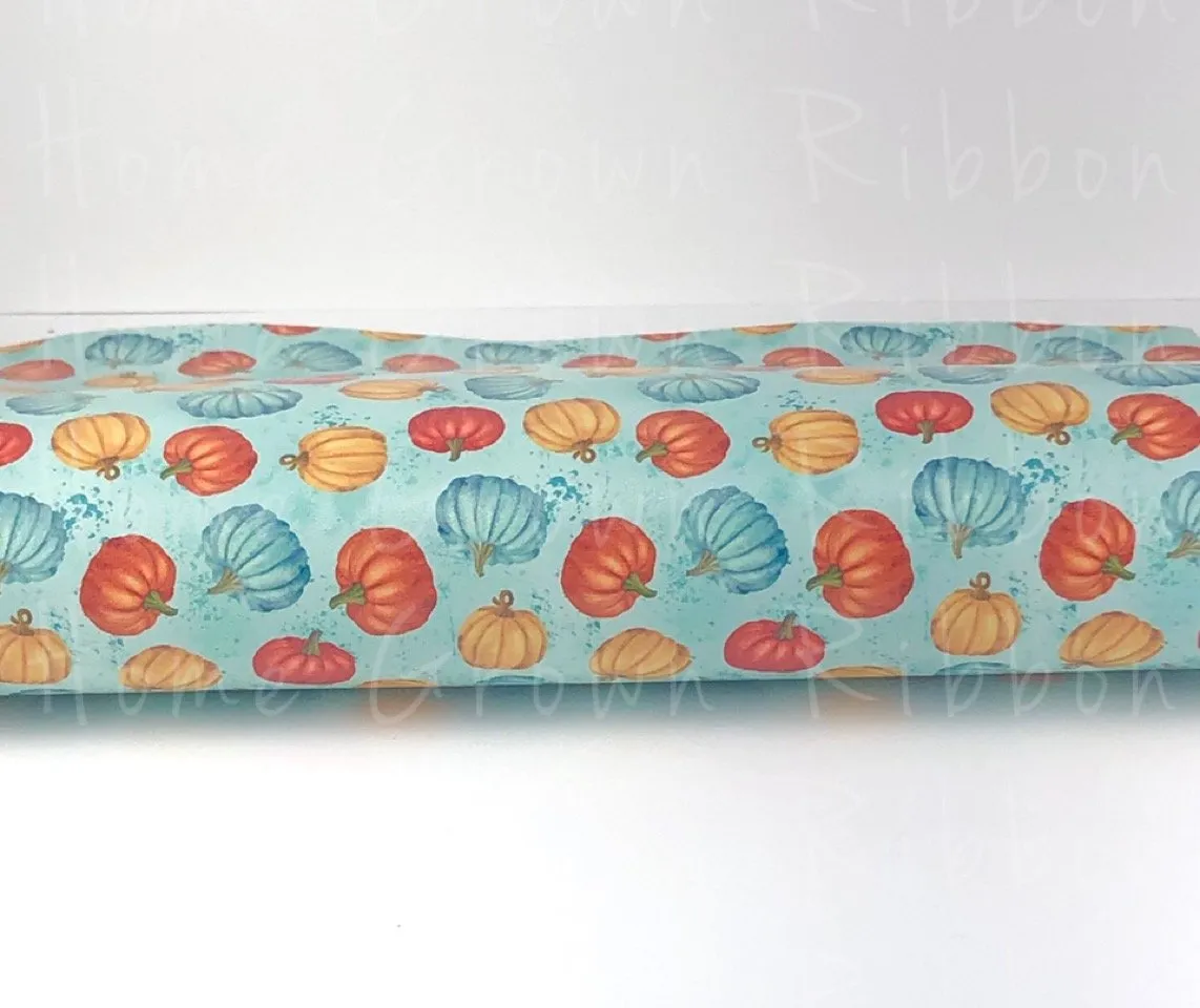 Fall Pumpkins on Light Blue Syntheic Leather Sheets USDR