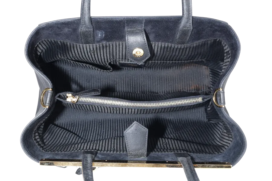 FENDI 8BH250-D7E 2JOURS ELITE TOTE MEDIUM BLACK VITELLO LEATHER GOLD HARDWARE WITH STRAPS, DUST COVER AND CARD