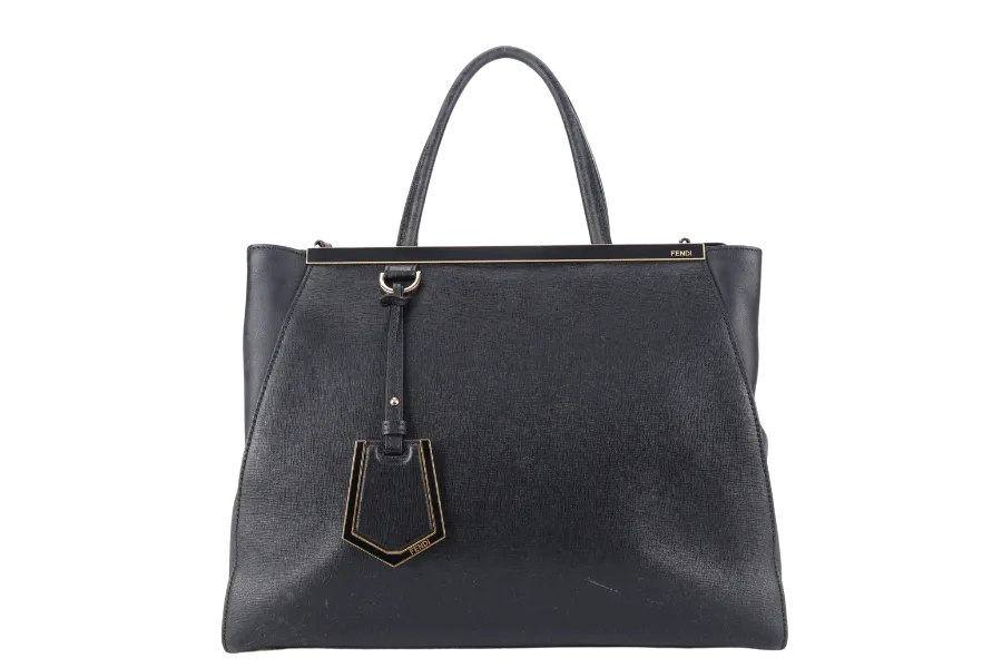 FENDI 8BH250-D7E 2JOURS ELITE TOTE MEDIUM BLACK VITELLO LEATHER GOLD HARDWARE WITH STRAPS, DUST COVER AND CARD