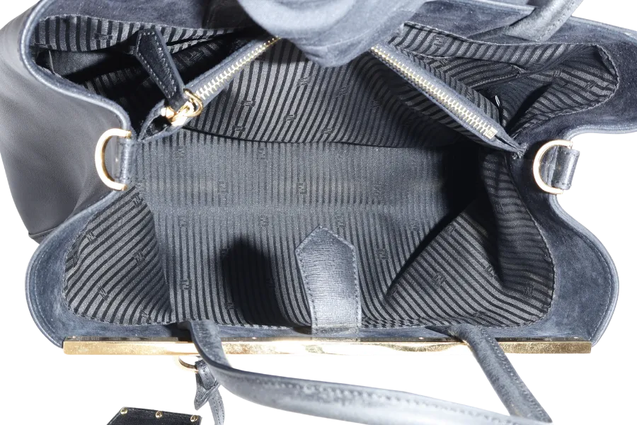 FENDI 8BH250-D7E 2JOURS ELITE TOTE MEDIUM BLACK VITELLO LEATHER GOLD HARDWARE WITH STRAPS, DUST COVER AND CARD