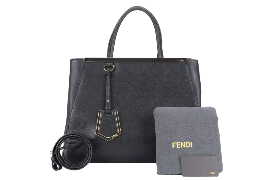 FENDI 8BH250-D7E 2JOURS ELITE TOTE MEDIUM BLACK VITELLO LEATHER GOLD HARDWARE WITH STRAPS, DUST COVER AND CARD