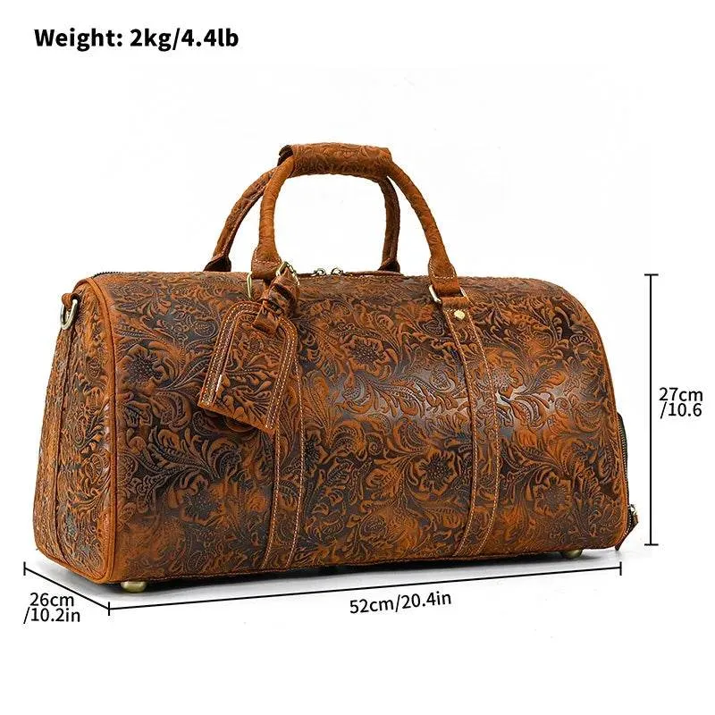 Genuine Cowhide Leather Travel Duffle Bag Men’s Weekend Bag Shoe Pocket