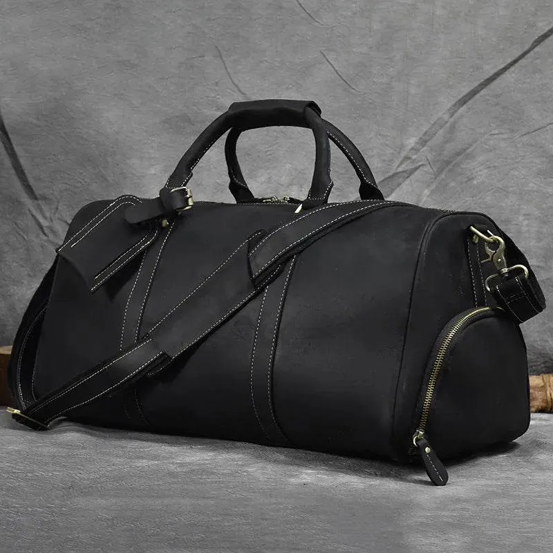 Genuine Cowhide Leather Travel Duffle Bag Men’s Weekend Bag Shoe Pocket
