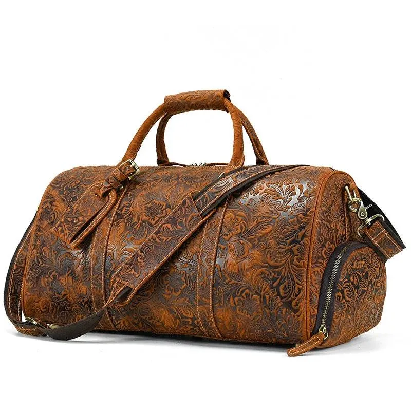 Genuine Cowhide Leather Travel Duffle Bag Men’s Weekend Bag Shoe Pocket