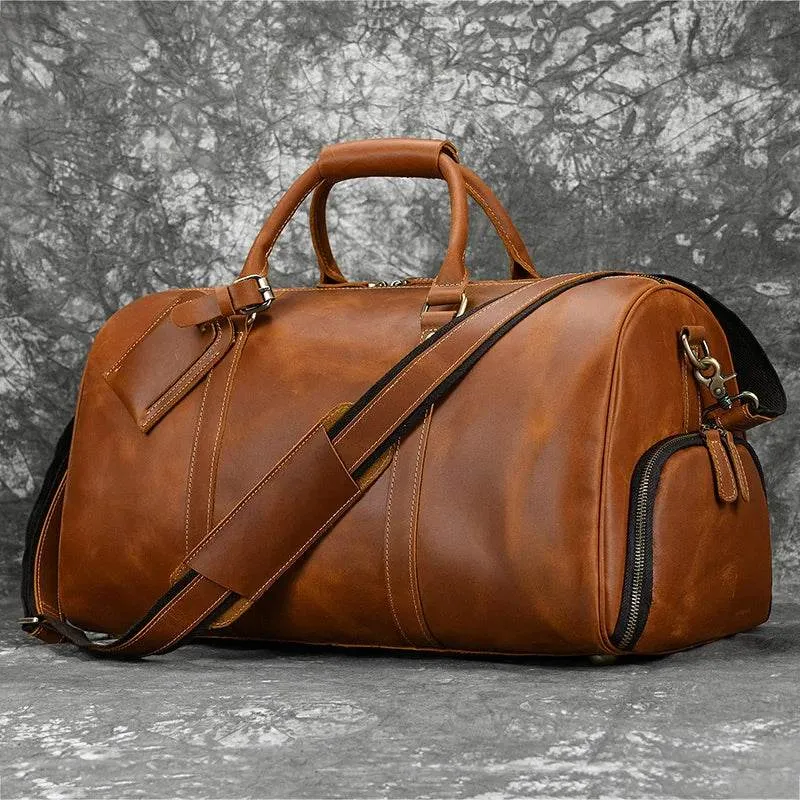 Genuine Cowhide Leather Travel Duffle Bag Men’s Weekend Bag Shoe Pocket