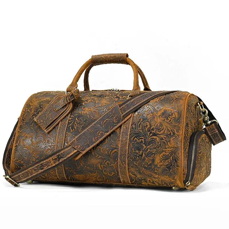 Genuine Cowhide Leather Travel Duffle Bag Men’s Weekend Bag Shoe Pocket