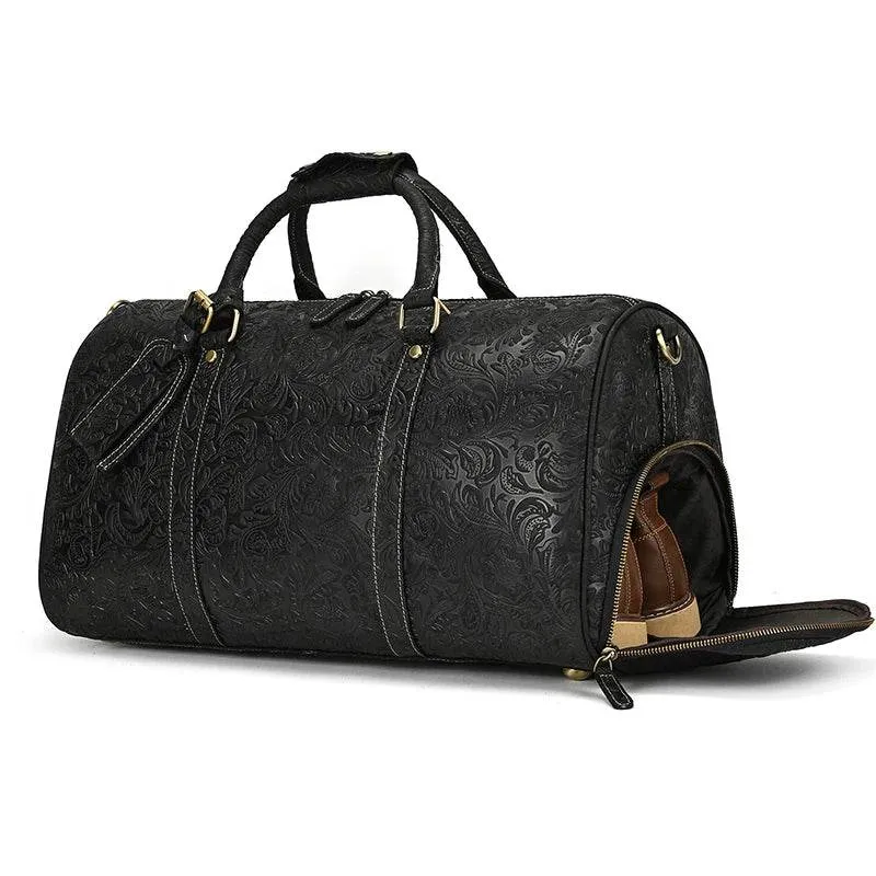 Genuine Cowhide Leather Travel Duffle Bag Men’s Weekend Bag Shoe Pocket