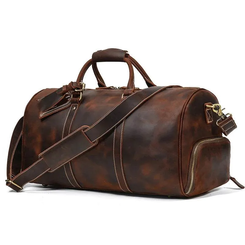 Genuine Cowhide Leather Travel Duffle Bag Men’s Weekend Bag Shoe Pocket