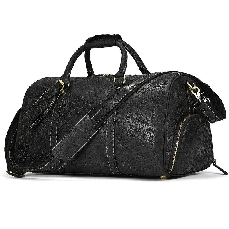 Genuine Cowhide Leather Travel Duffle Bag Men’s Weekend Bag Shoe Pocket