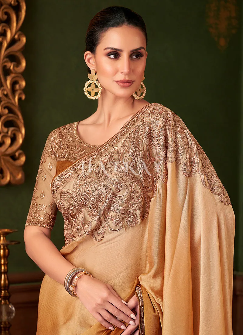 Golden Yellow Ombré Embroidery Designer Saree