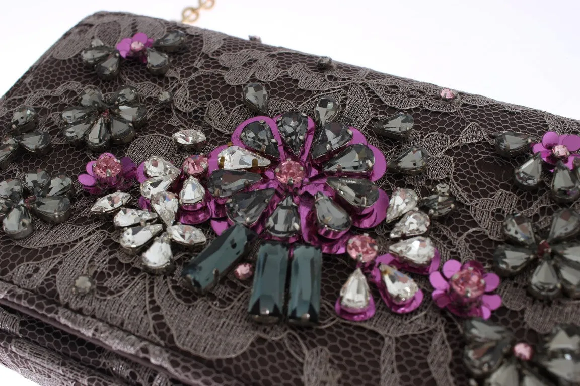Gray Floral Lace Crystal Clutch Bag