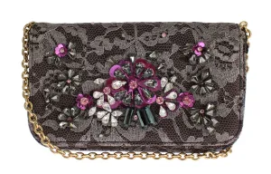 Gray Floral Lace Crystal Clutch Bag