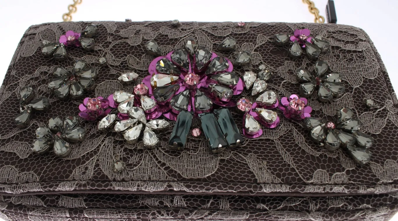 Gray Floral Lace Crystal Clutch Bag