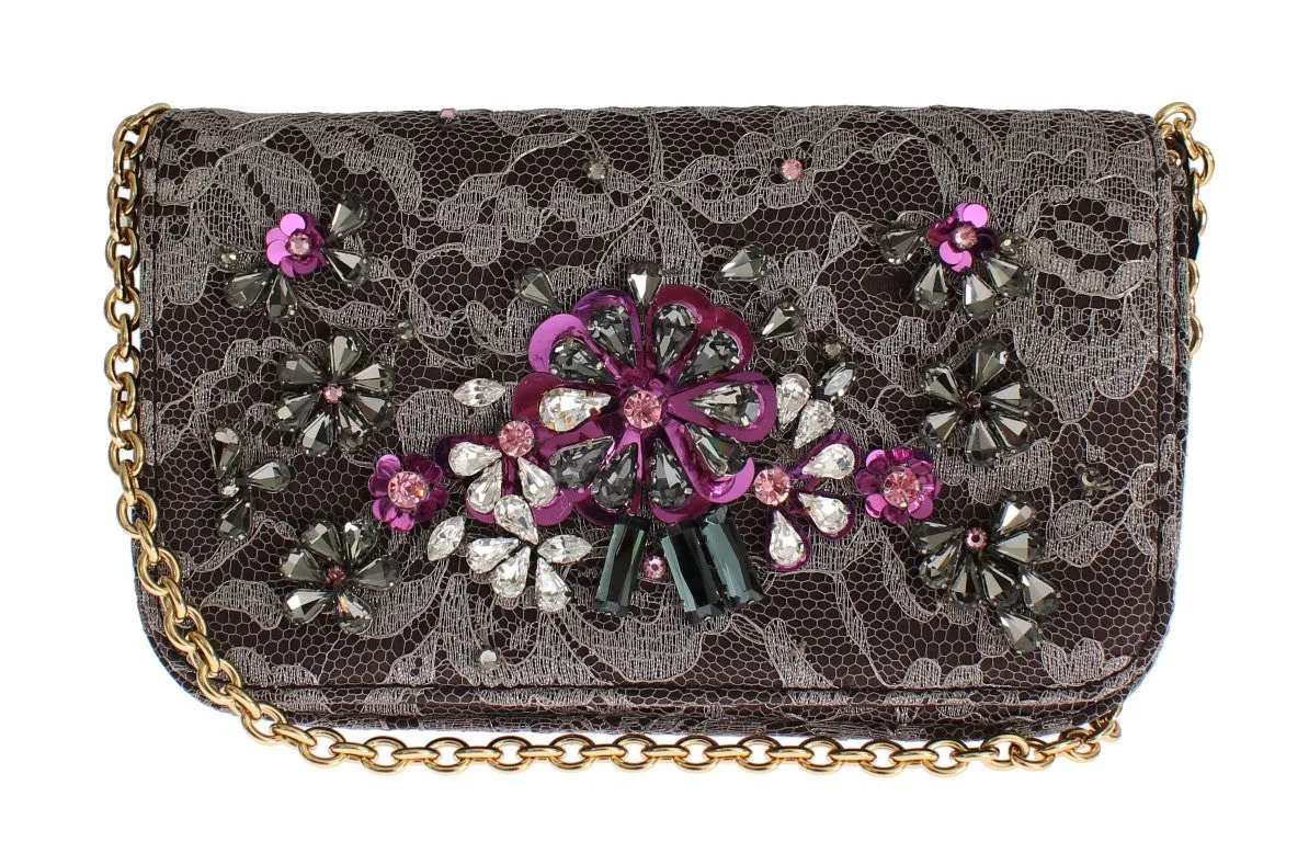 Gray Floral Lace Crystal Clutch Bag