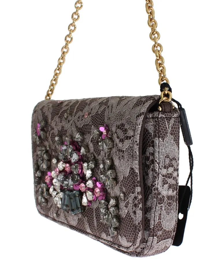 Gray Floral Lace Crystal Clutch Bag