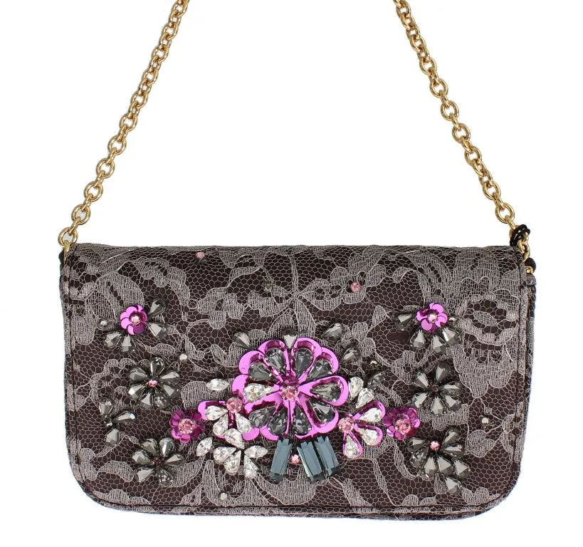 Gray Floral Lace Crystal Clutch Bag