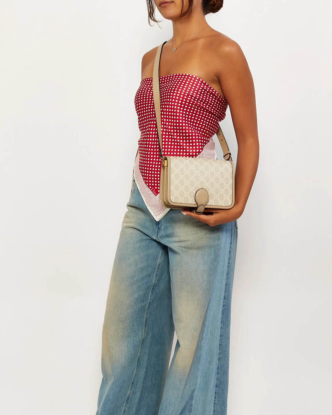 Gucci Beige & White GG Supreme Canvas Interlocking G Mini Shoulder Bag