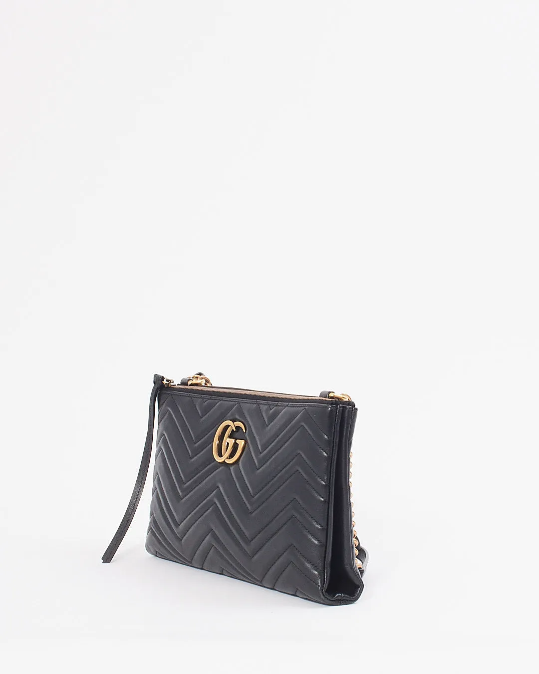 Gucci Black Leather Marmont GG Matelasse Shoulder Chain Bag