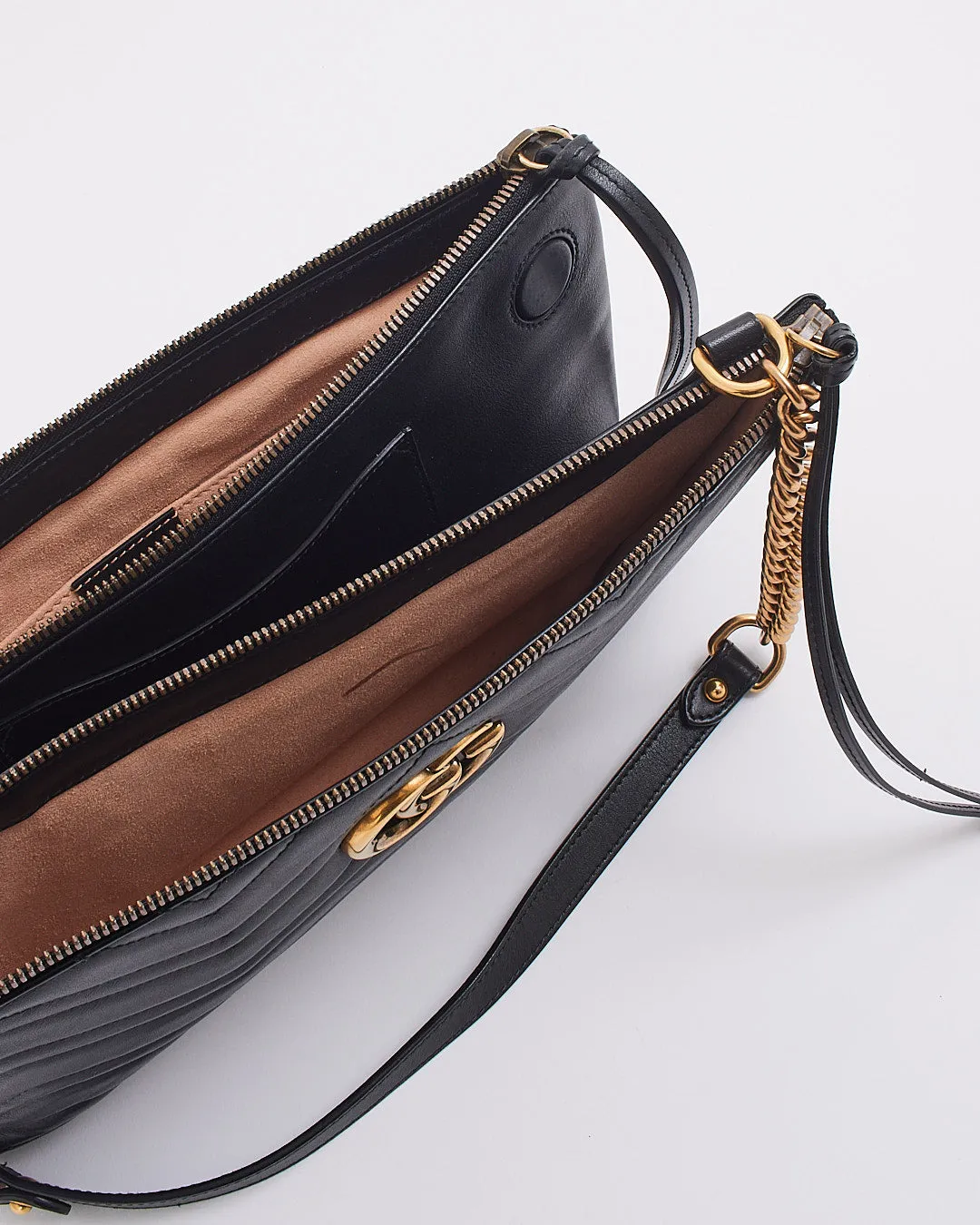 Gucci Black Leather Marmont GG Matelasse Shoulder Chain Bag